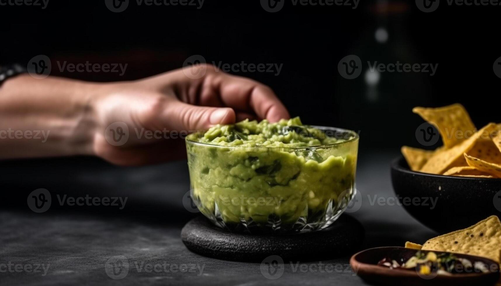 Fresh guacamole, a savory dip, served with crispy tortilla chips generated by AI photo