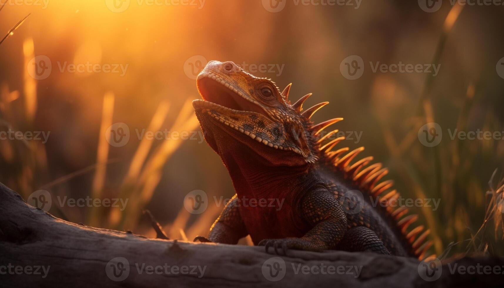 A large green lizard crawls on a branch at dusk generated by AI photo