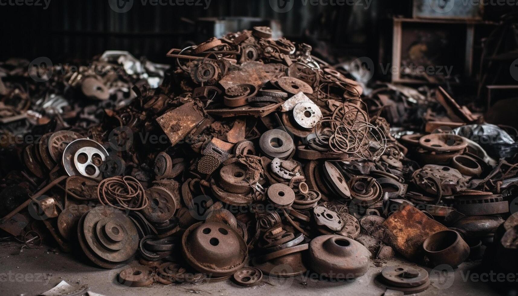 Metal workshop heap of rusty scrap metal, dirty equipment repairing generated by AI photo