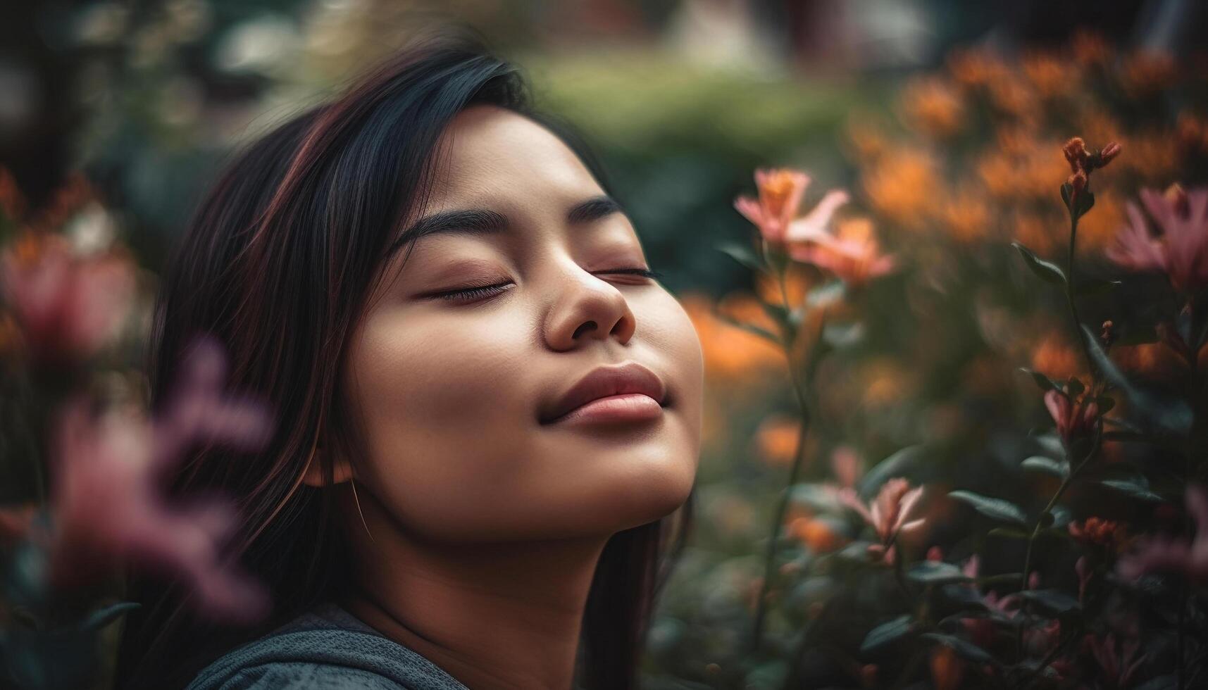 A beautiful young woman enjoying nature beauty in the outdoors generated by AI photo