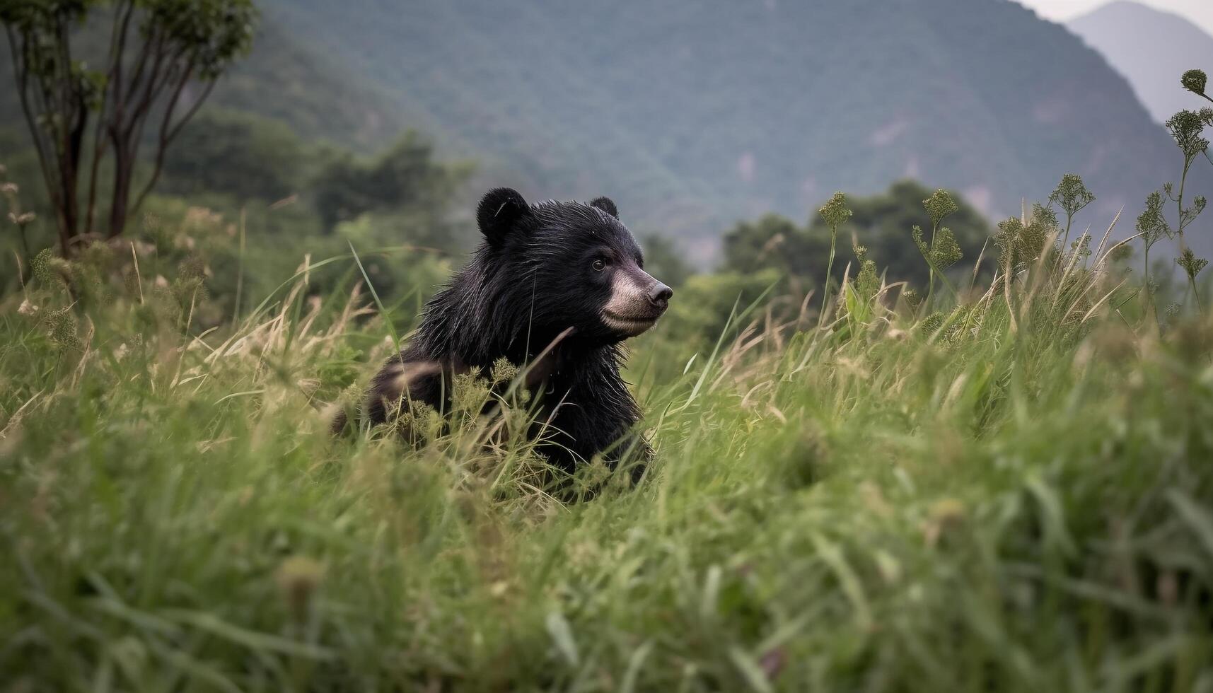 Cute panda walking in the green forest, tranquil and playful generated by AI photo