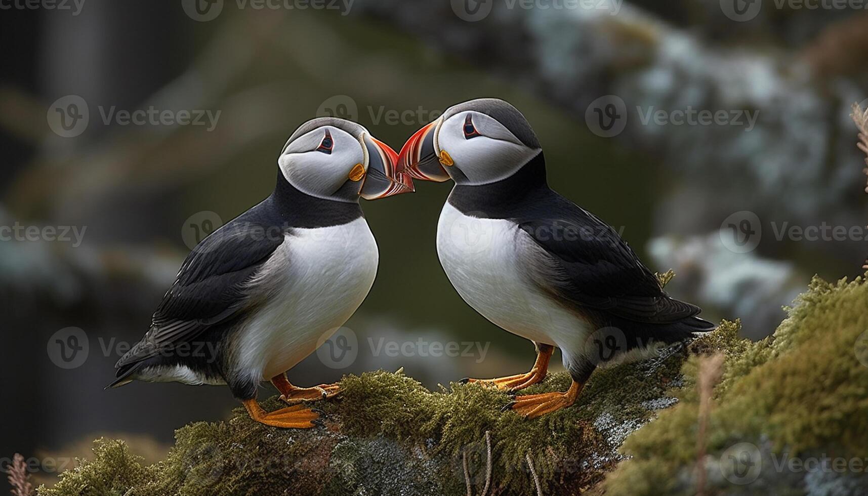 Puffin perching on cliff, surrounded by colorful nature and wildlife generated by AI photo