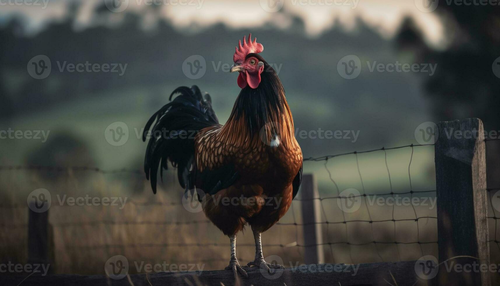 A majestic rooster standing in a grassy meadow, looking proud generated by AI photo