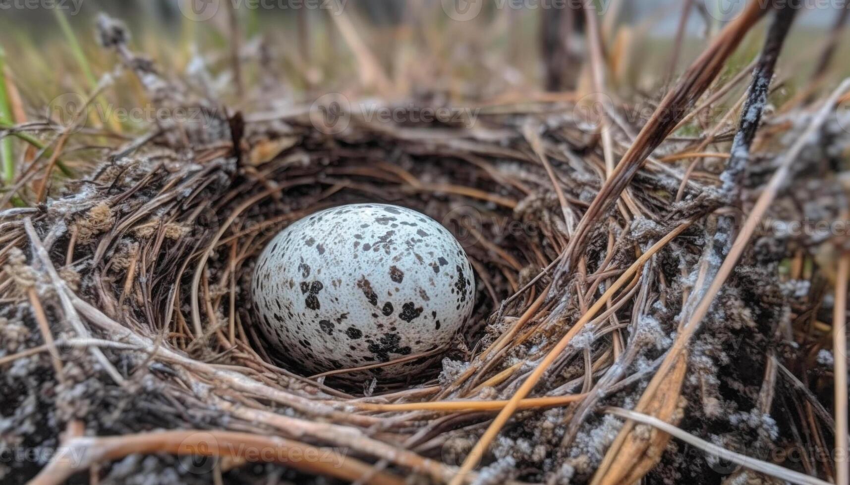 Bird nest on a branch, surrounded by green grass and leaves generated by AI photo