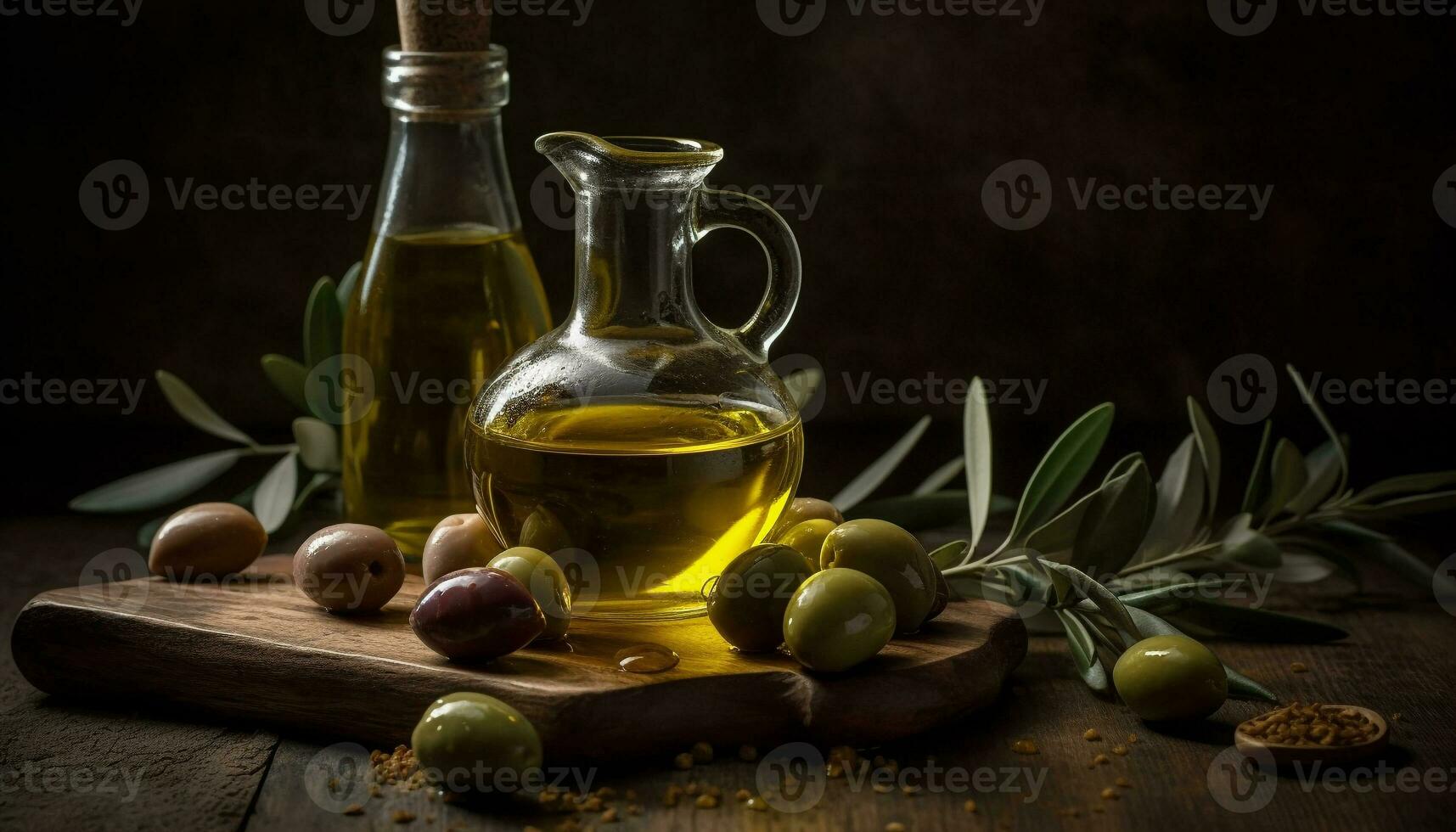 Freshness of nature healthy ingredient, olive oil, in rustic cooking generated by AI photo