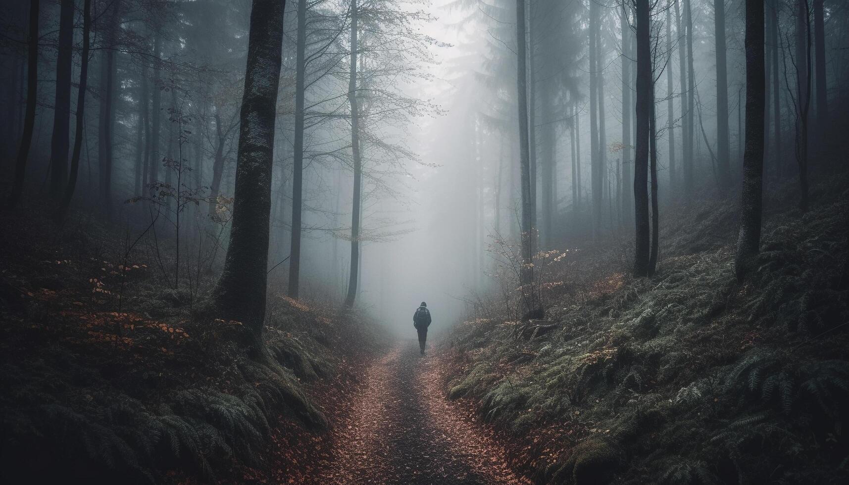 One person walking through foggy forest, embracing the autumn solitude generated by AI photo
