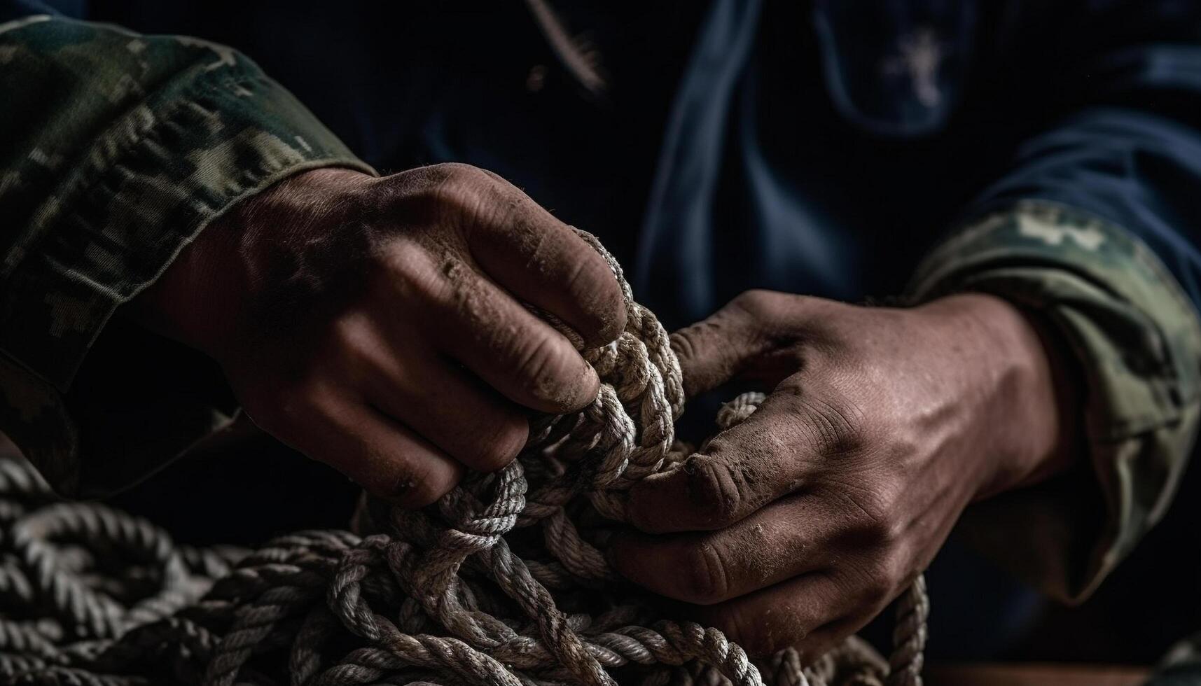 A skilled man holds a rope, working with his hands generated by AI photo