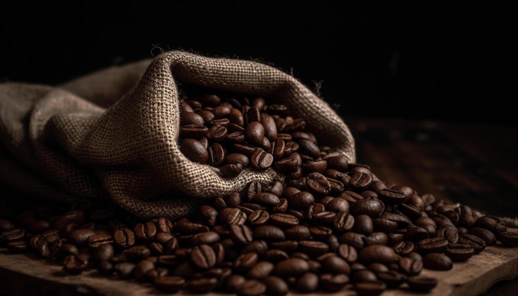 Dark coffee bean drink, close up Caffeine, burlap, freshness, seed, agriculture generated by AI photo