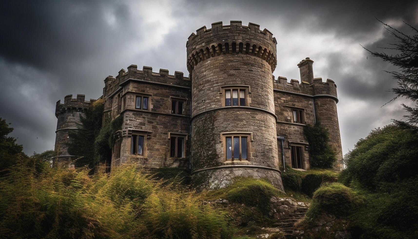 Ancient medieval ruin, majestic and mysterious, surrounded by overgrown grass generated by AI photo