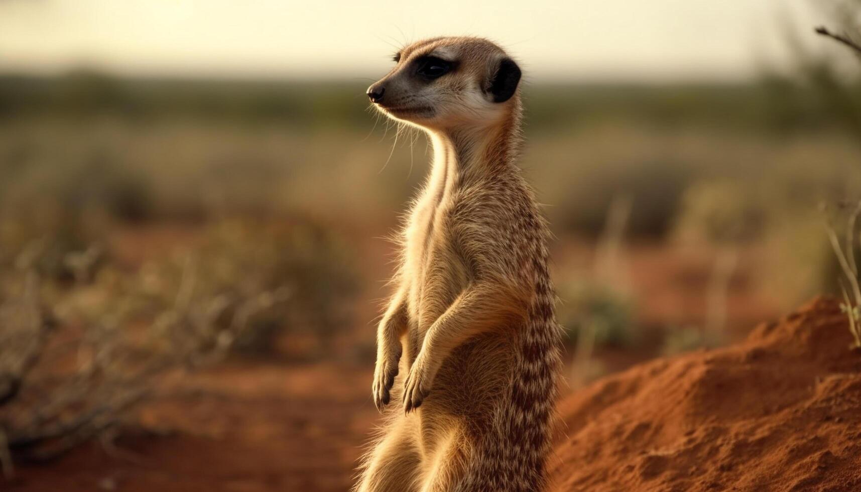 Cute meerkat sitting, alert, watching, in African wilderness, surrounded by nature generated by AI photo