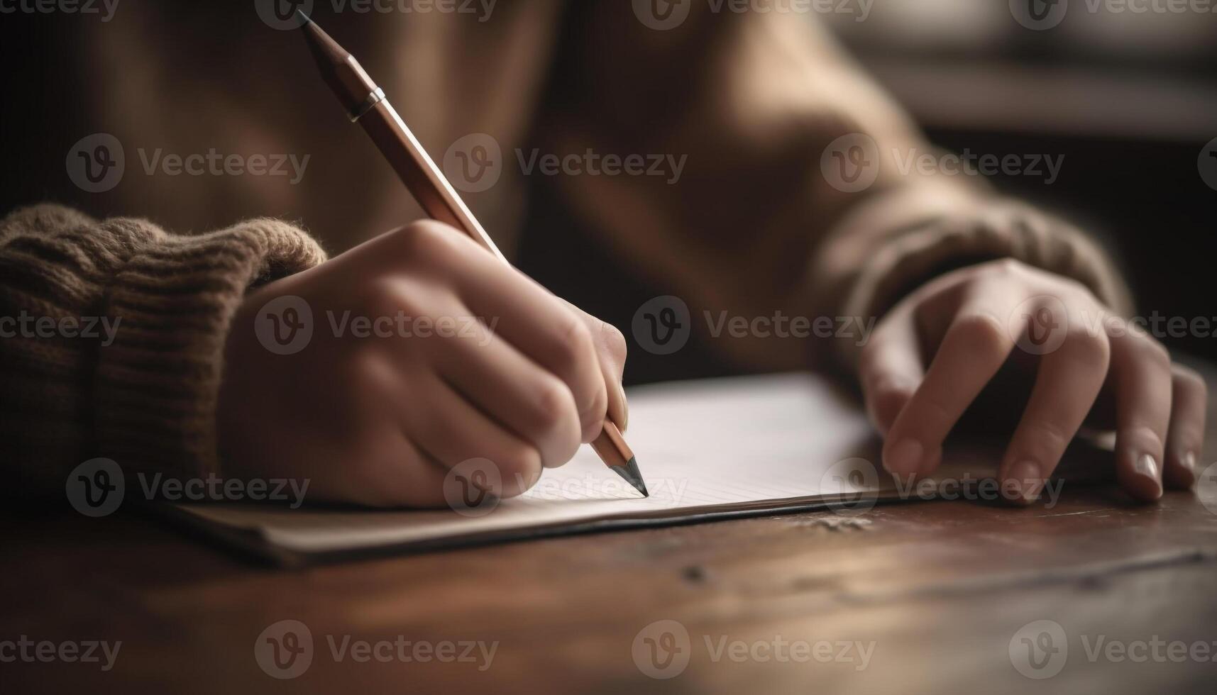 One person hand working on paper, close up on table generated by AI photo