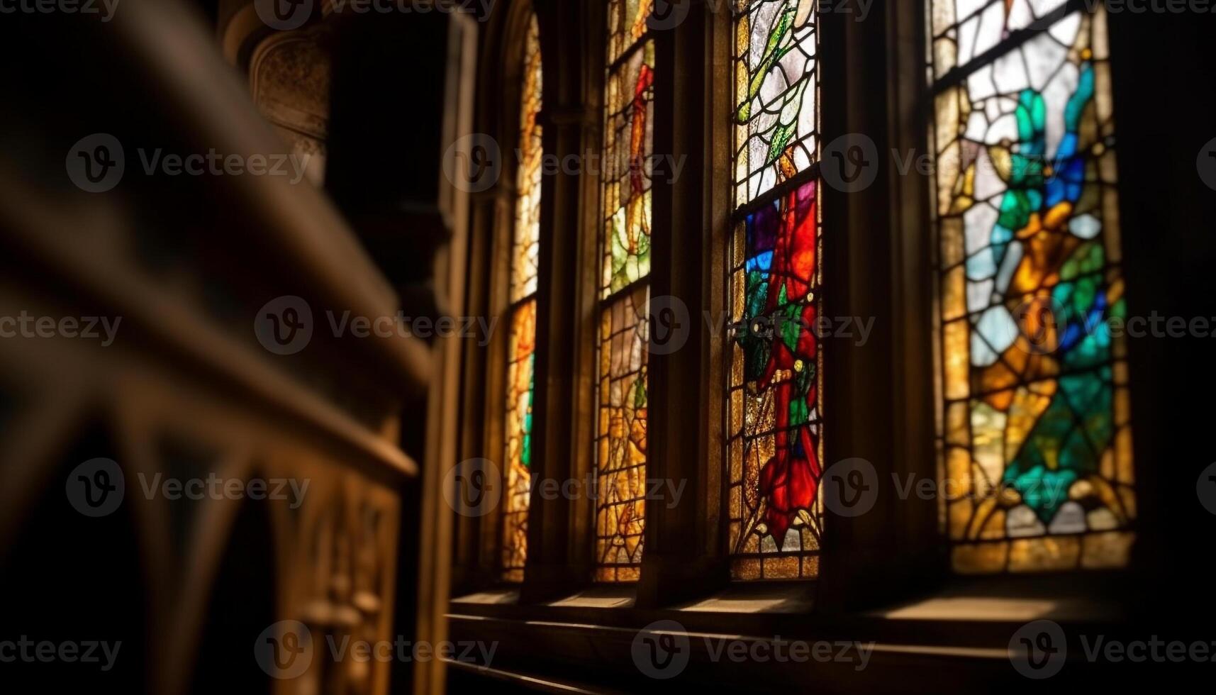 Stained glass window illuminates ancient chapel, showcasing Gothic architecture generated by AI photo