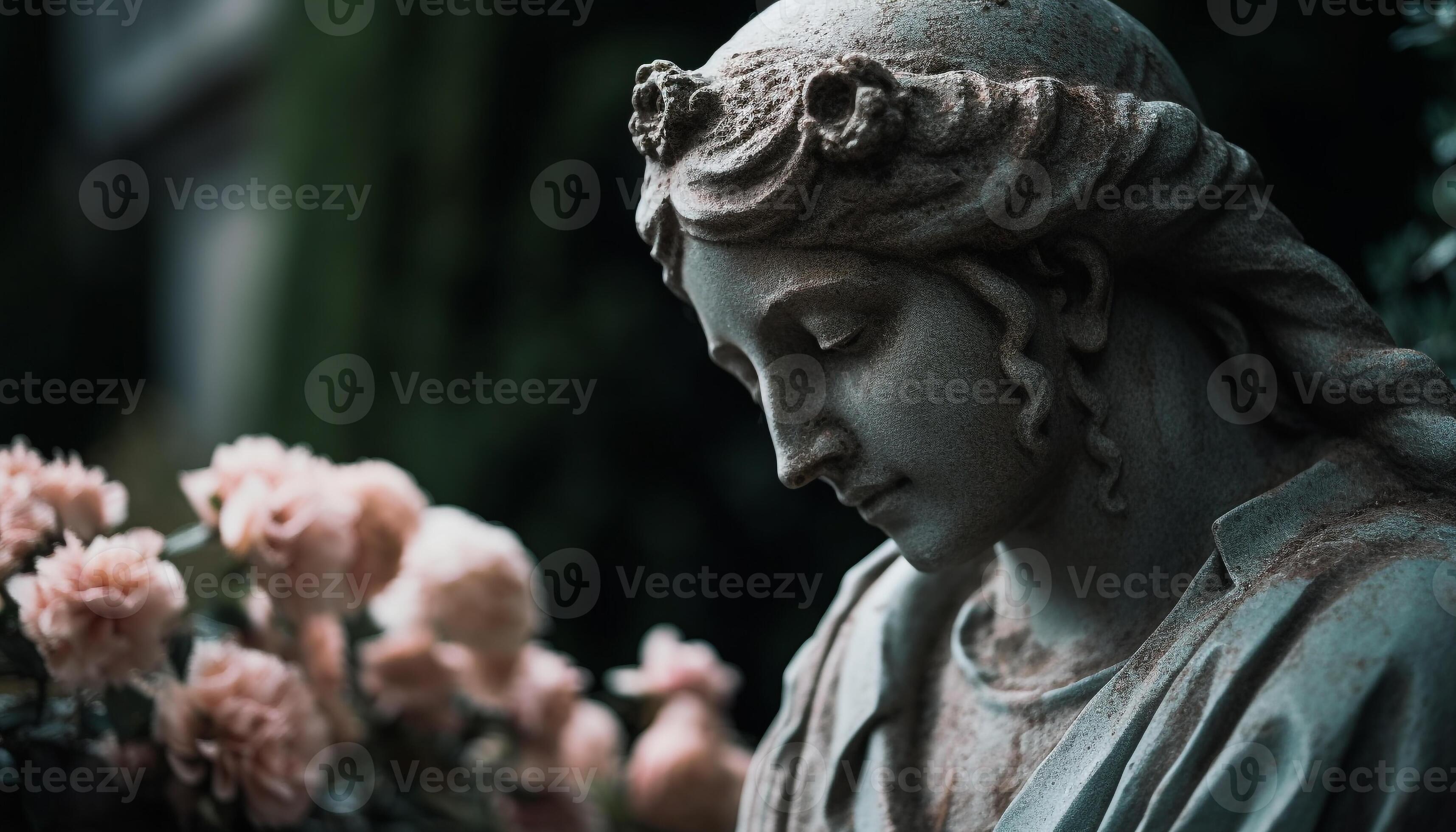 A solemn statue of grief, sadness, and spirituality in nature generated