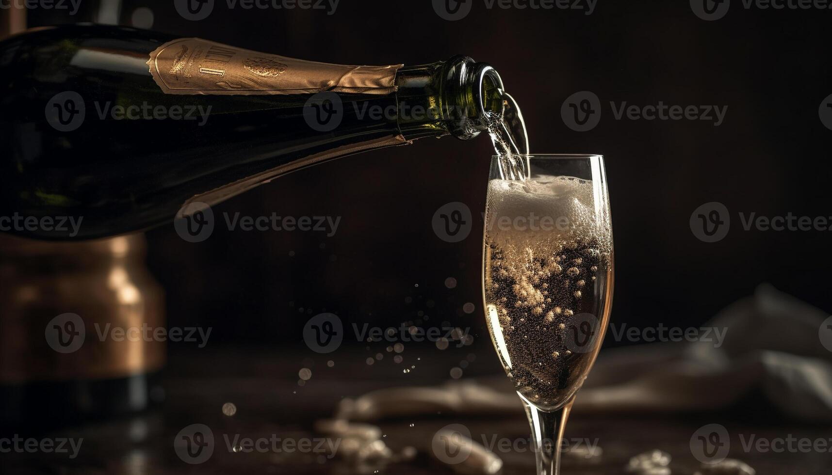 Close up of a glass pouring champagne, a symbol of celebration generated by AI photo