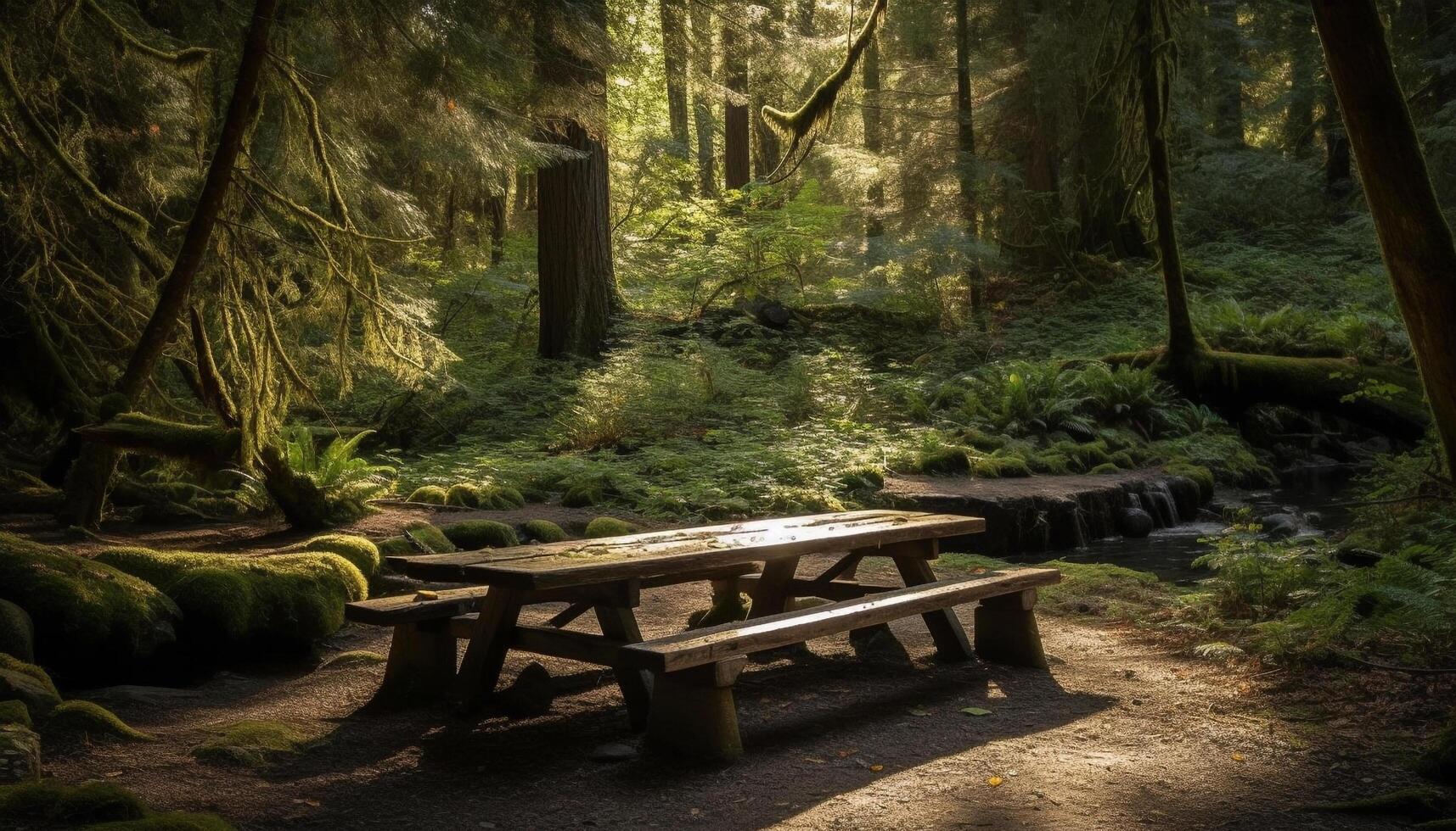 Tranquil scene of a green forest with a wooden bench generated by AI photo