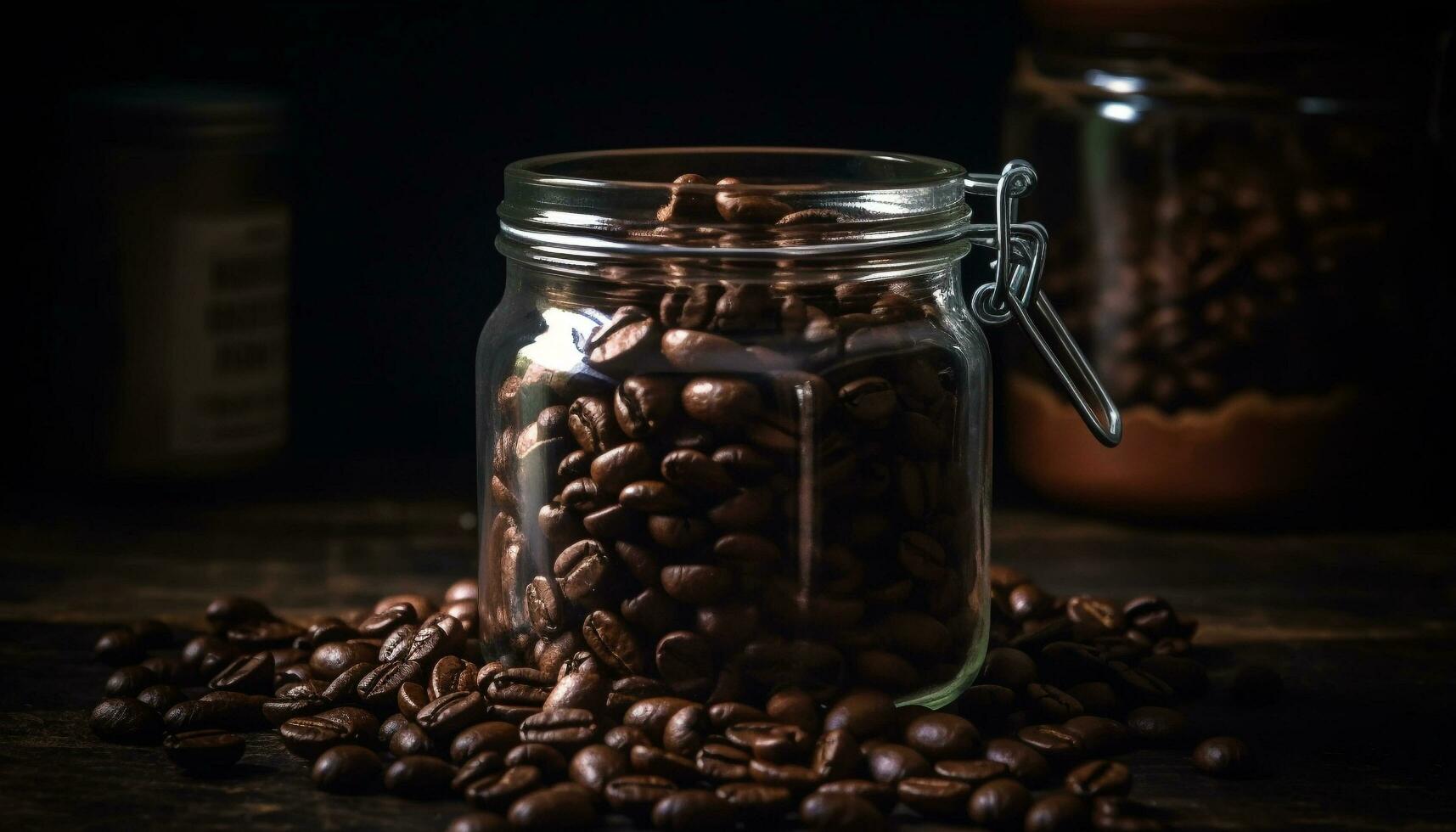 Fresh coffee beans on a wooden table in a rustic coffee shop generated by AI photo