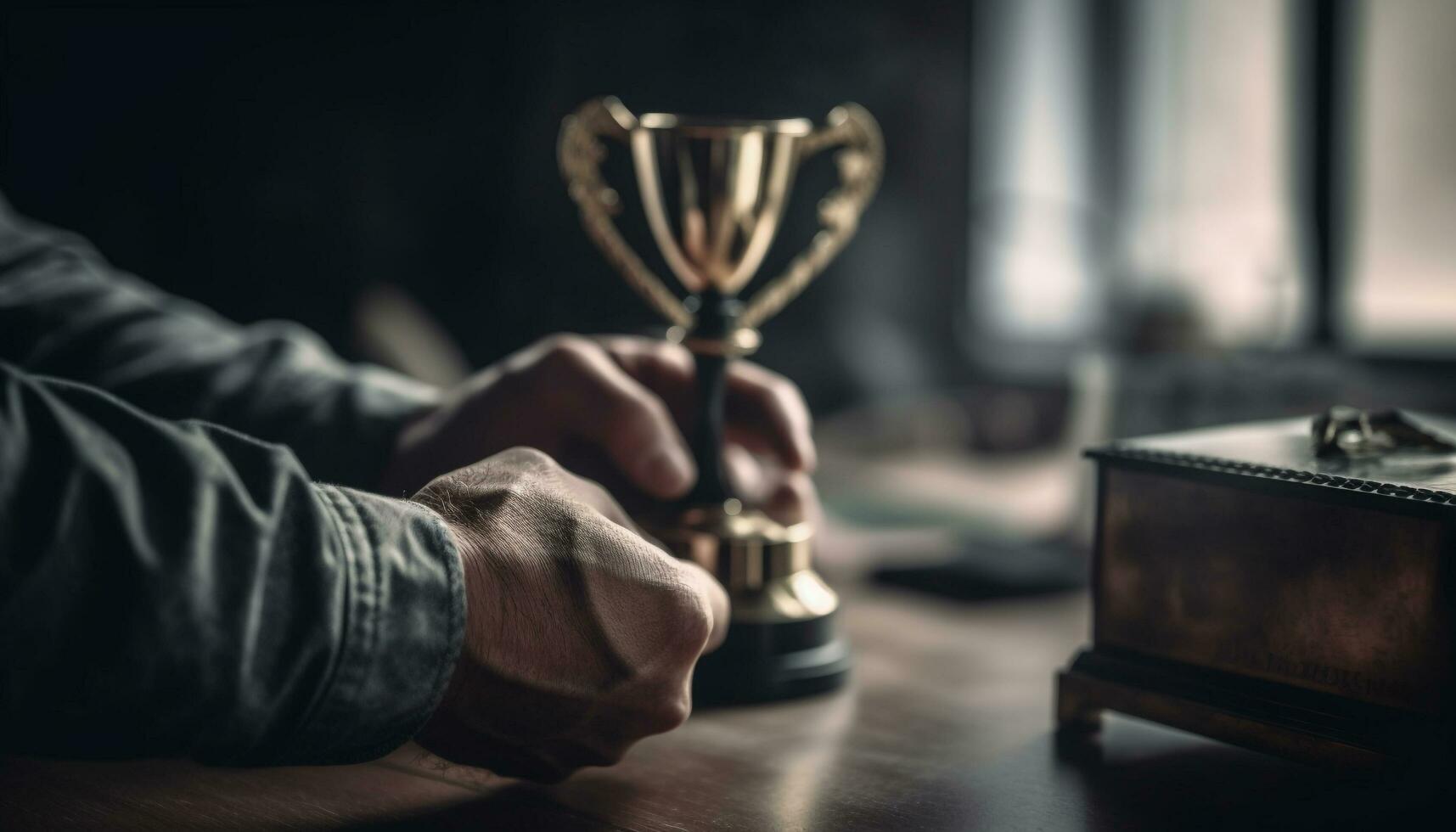 A successful businessman holds a gold trophy in his hand generated by AI photo