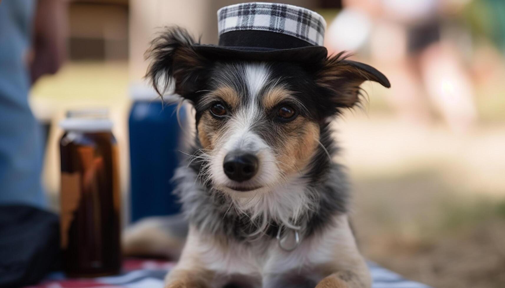 A cute puppy sitting outdoors, looking at camera with obedience generated by AI photo