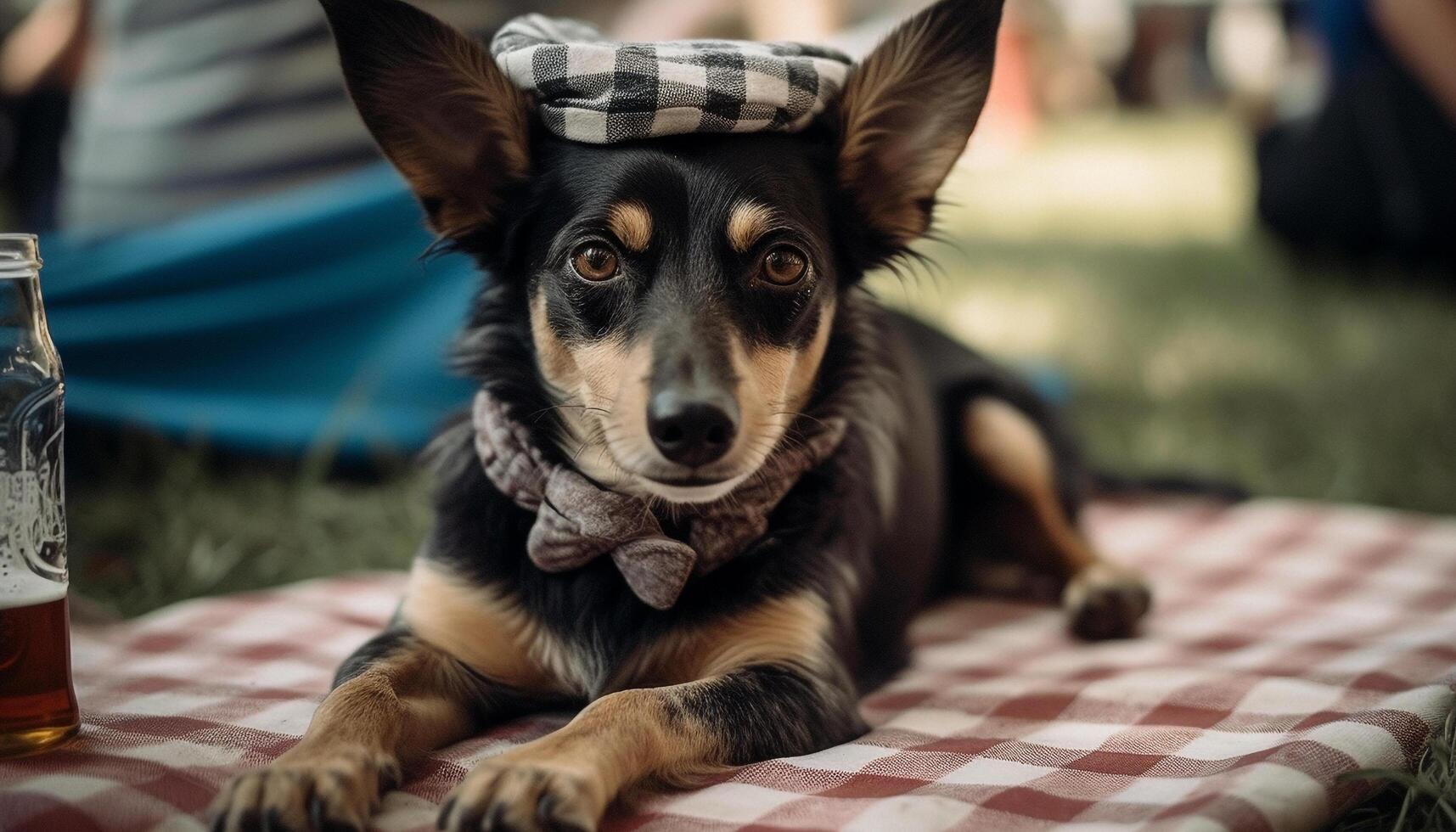 A cute puppy sitting on grass, looking at camera happily generated by AI photo