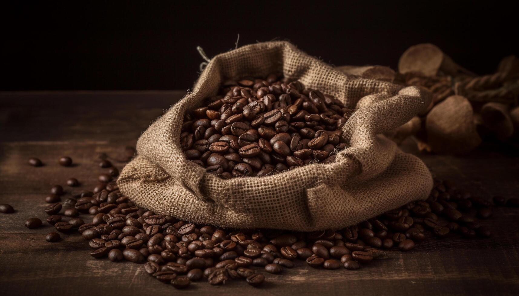 Freshly roasted coffee beans in a burlap sack on wooden table generated by AI photo