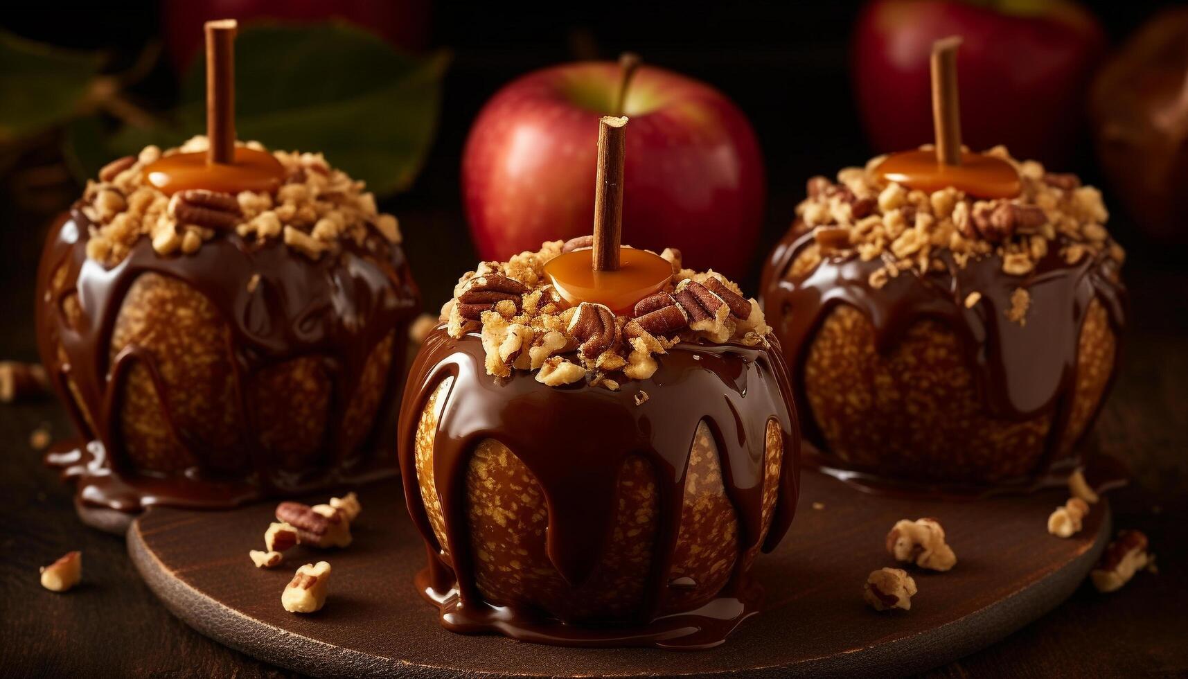 Homemade chocolate dipped apple with caramel, pecan, and dark chocolate generated by AI photo