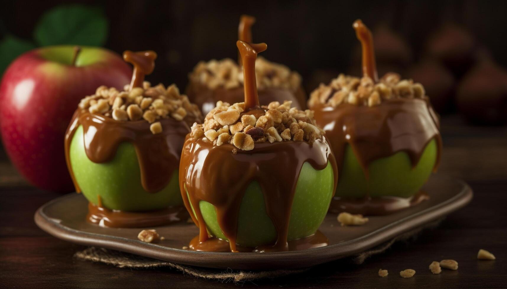 Indulgent gourmet dessert chocolate dipped apple on a rustic wooden plate generated by AI photo