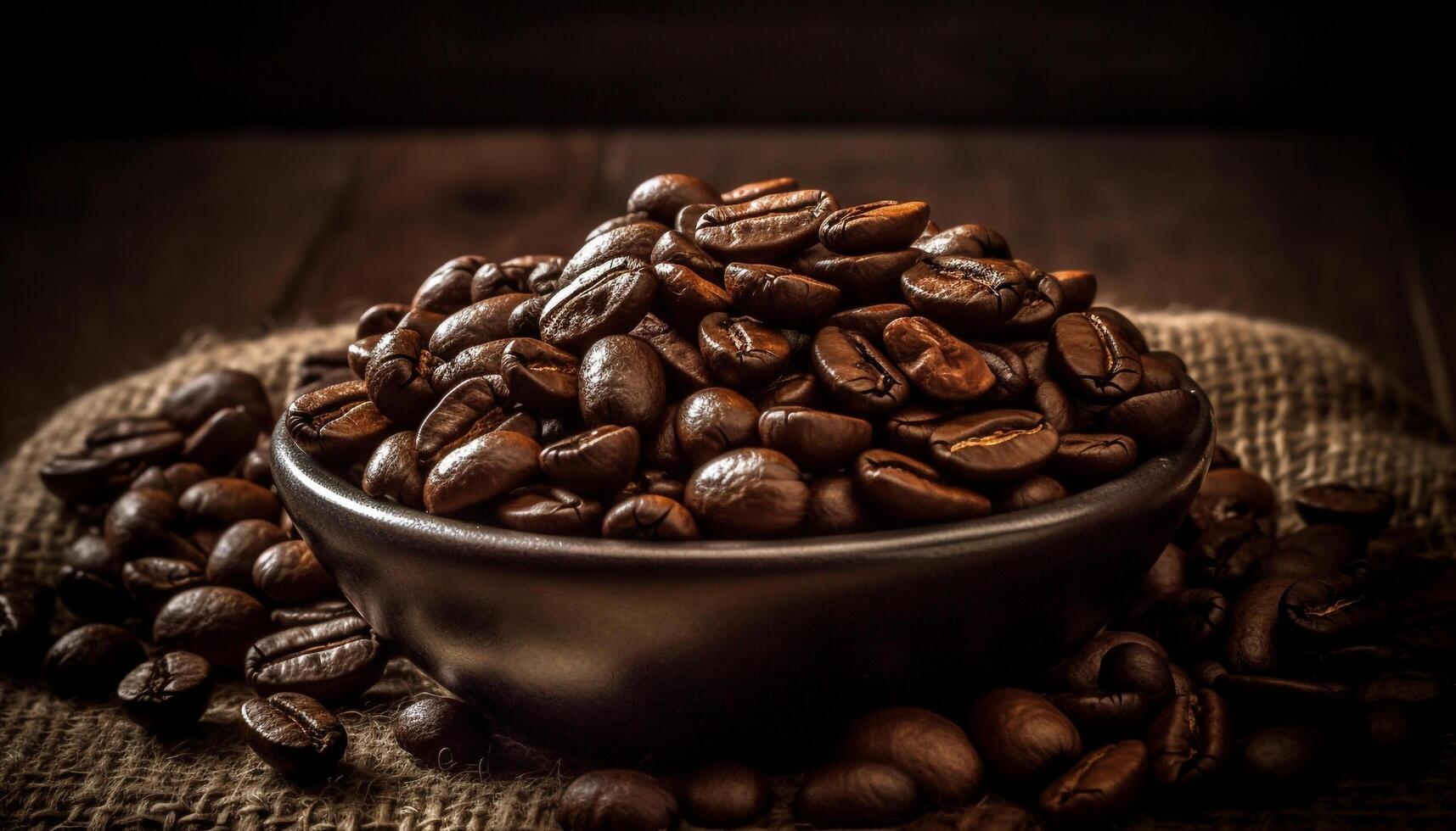 Dark coffee bean close up, wood table, fresh aroma, rustic backdrop generated by AI photo