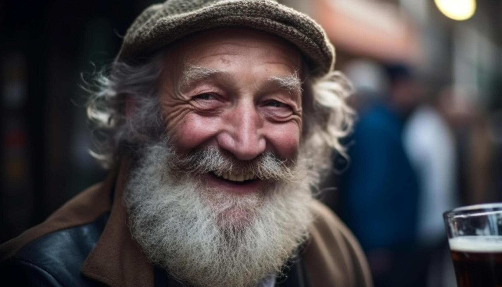 Smiling senior man with gray hair and beard, looking at camera generated by AI photo