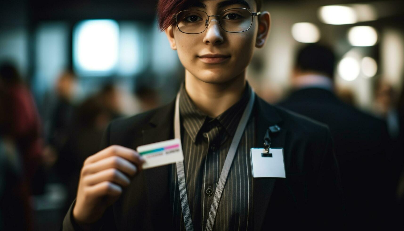 Confident businessman and businesswoman smiling, holding business cards, looking professional generated by AI photo