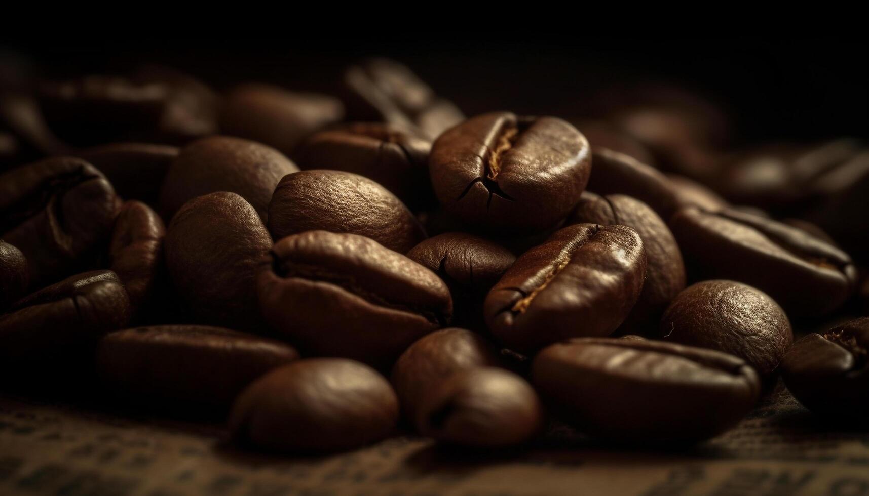 Freshly brewed black coffee on a dark bean filled backdrop generated by AI photo