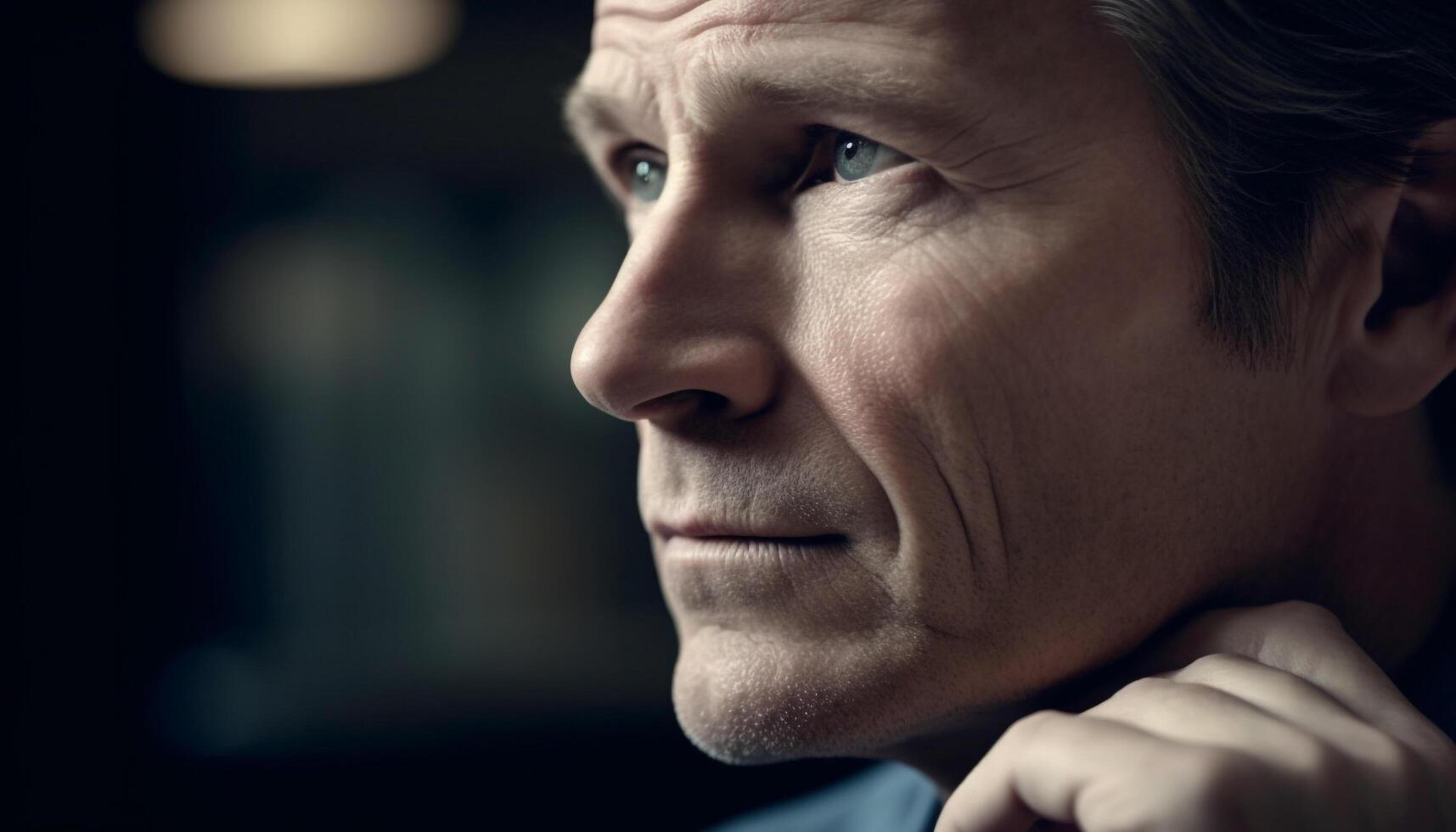 A serious young adult man, looking away, hand on chin generated by AI photo
