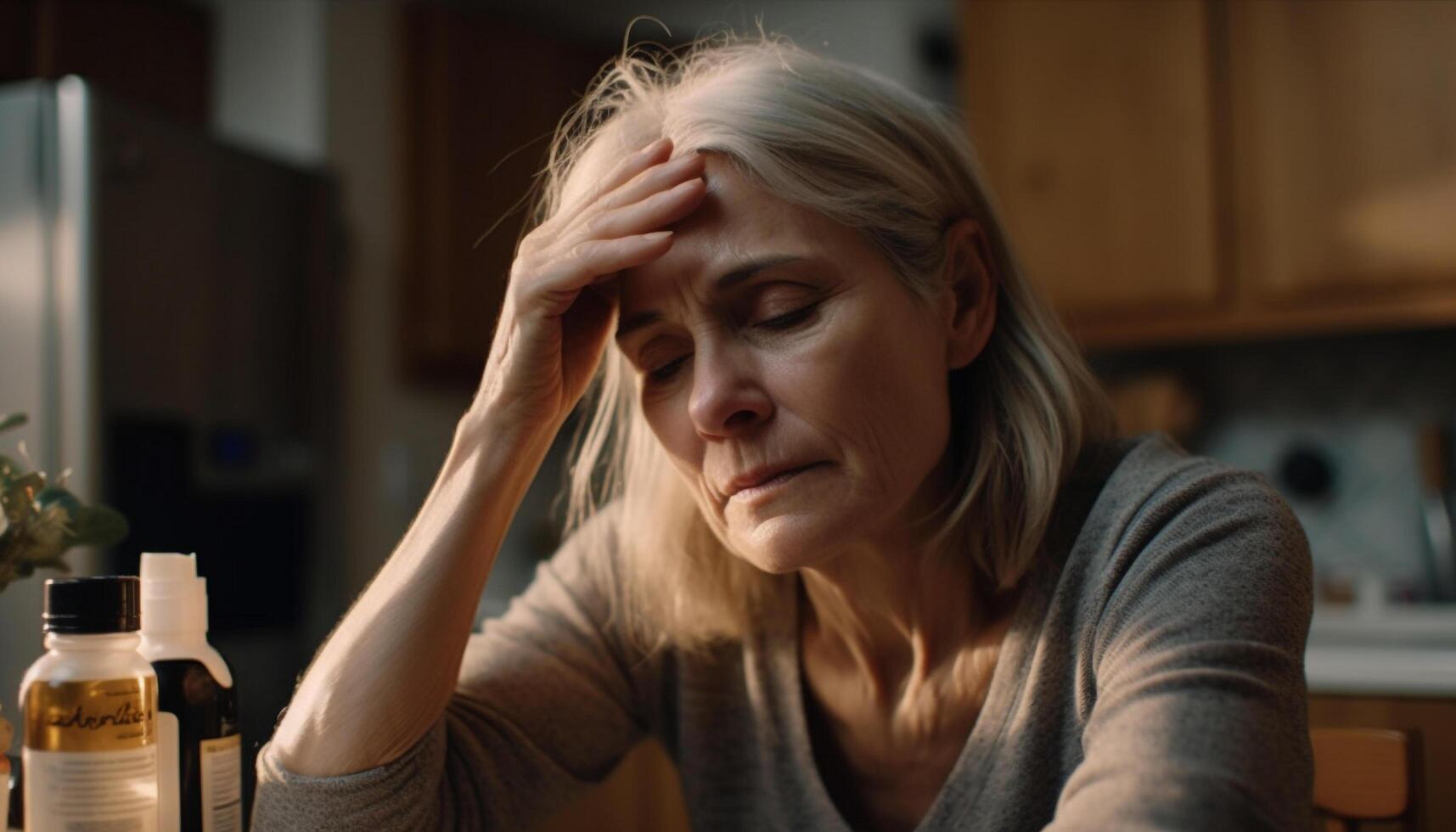 A sad woman in the kitchen, feeling despair and hopelessness generated by AI photo