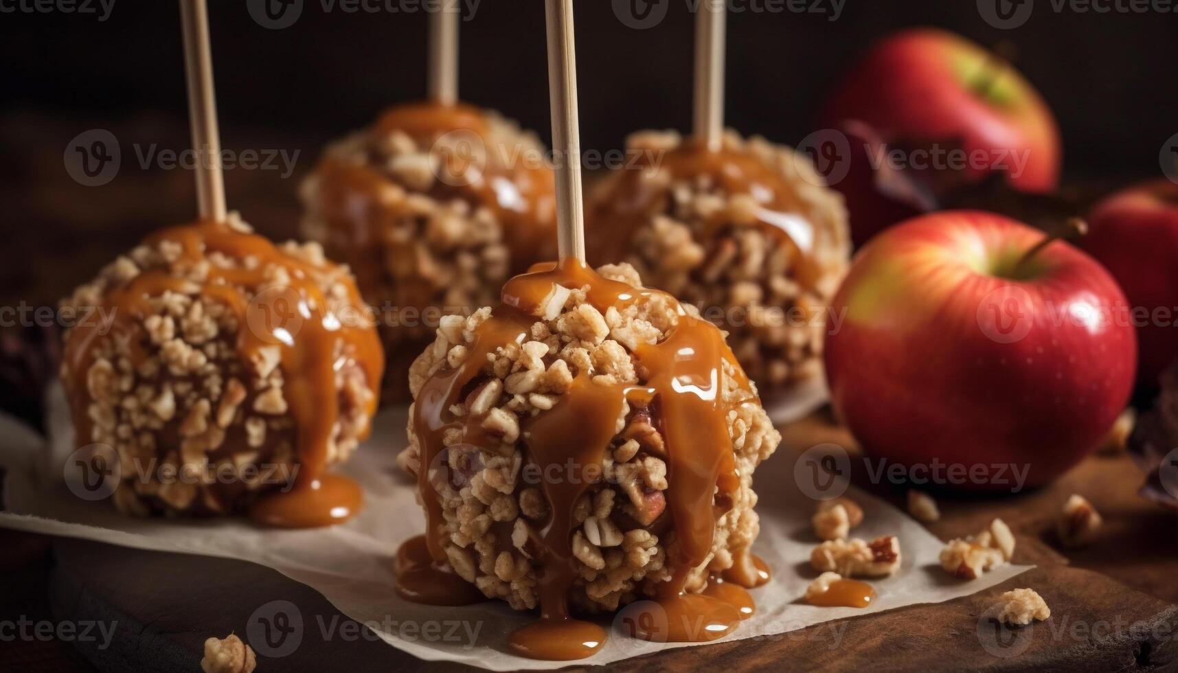 Indulgent dessert homemade caramel apple dipped in dark chocolate generated by AI photo