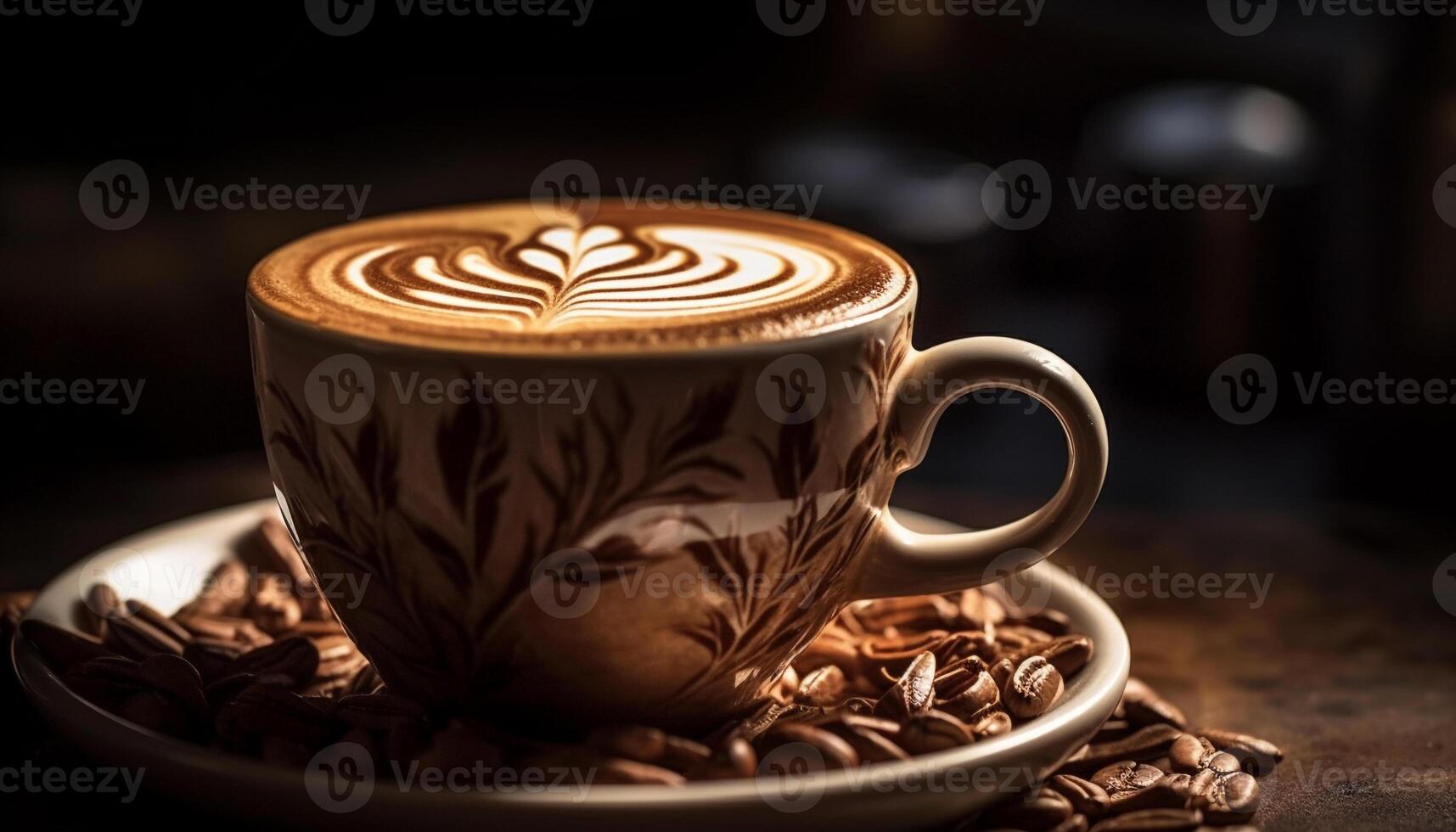Close up of a frothy cappuccino on a wooden table in a coffee shop generated by AI photo