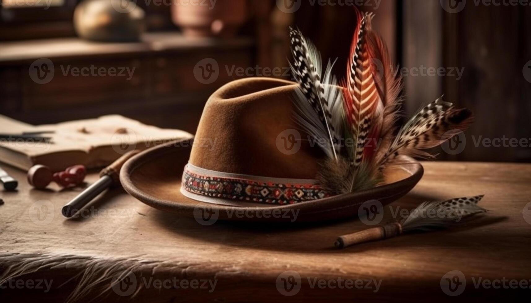 rústico madera mesa adornado con antiguo pasado de moda pluma decoración, celebrando tradicion generado por ai foto