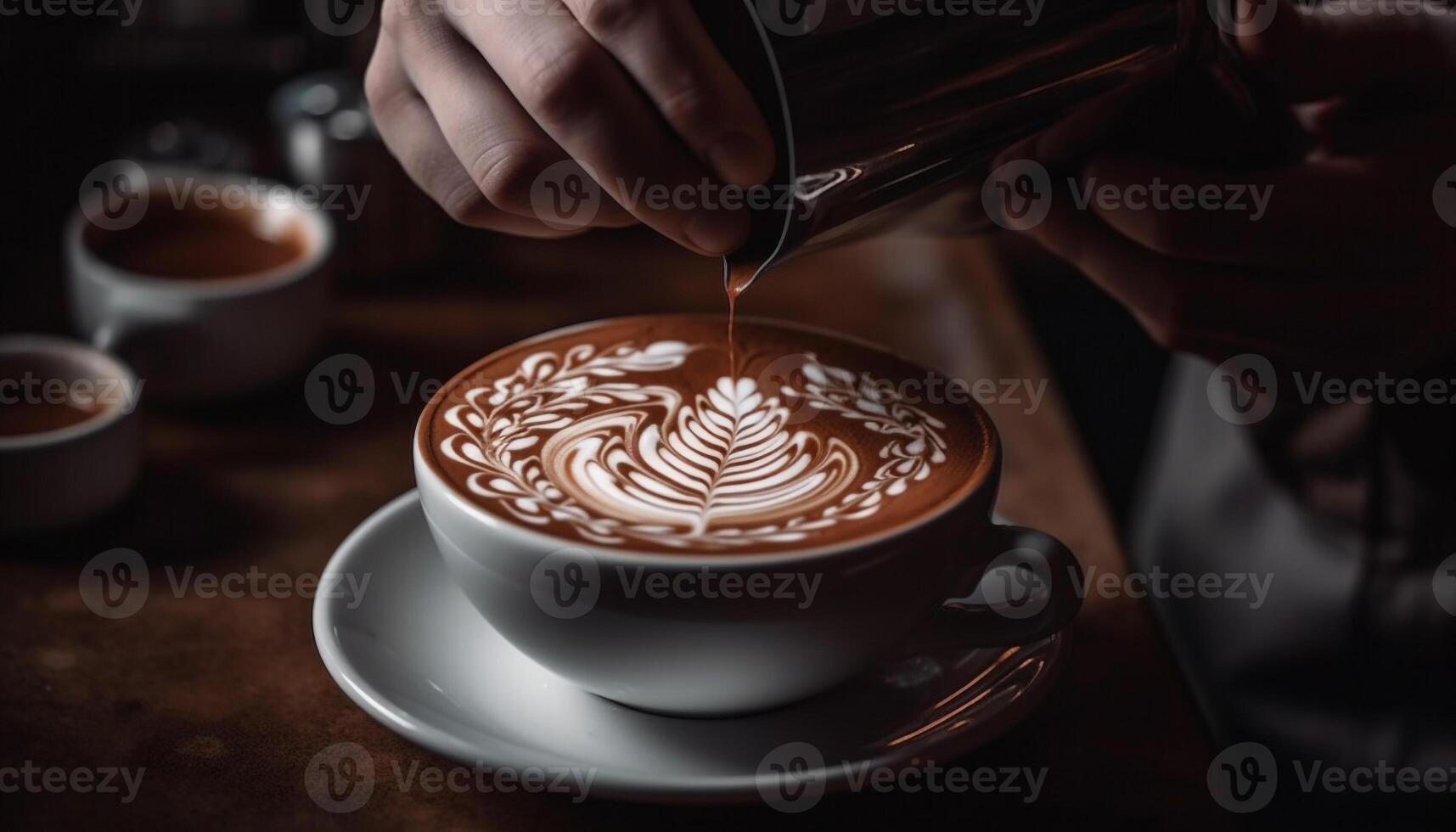 The barista pours a frothy latte into a coffee cup generated by AI photo