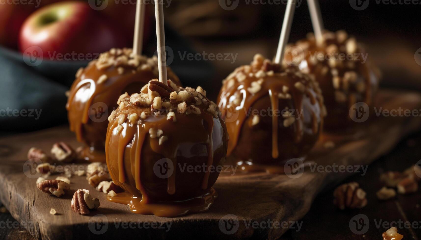 Homemade gourmet dessert chocolate dipped caramel apple with crunchy pecan generated by AI photo