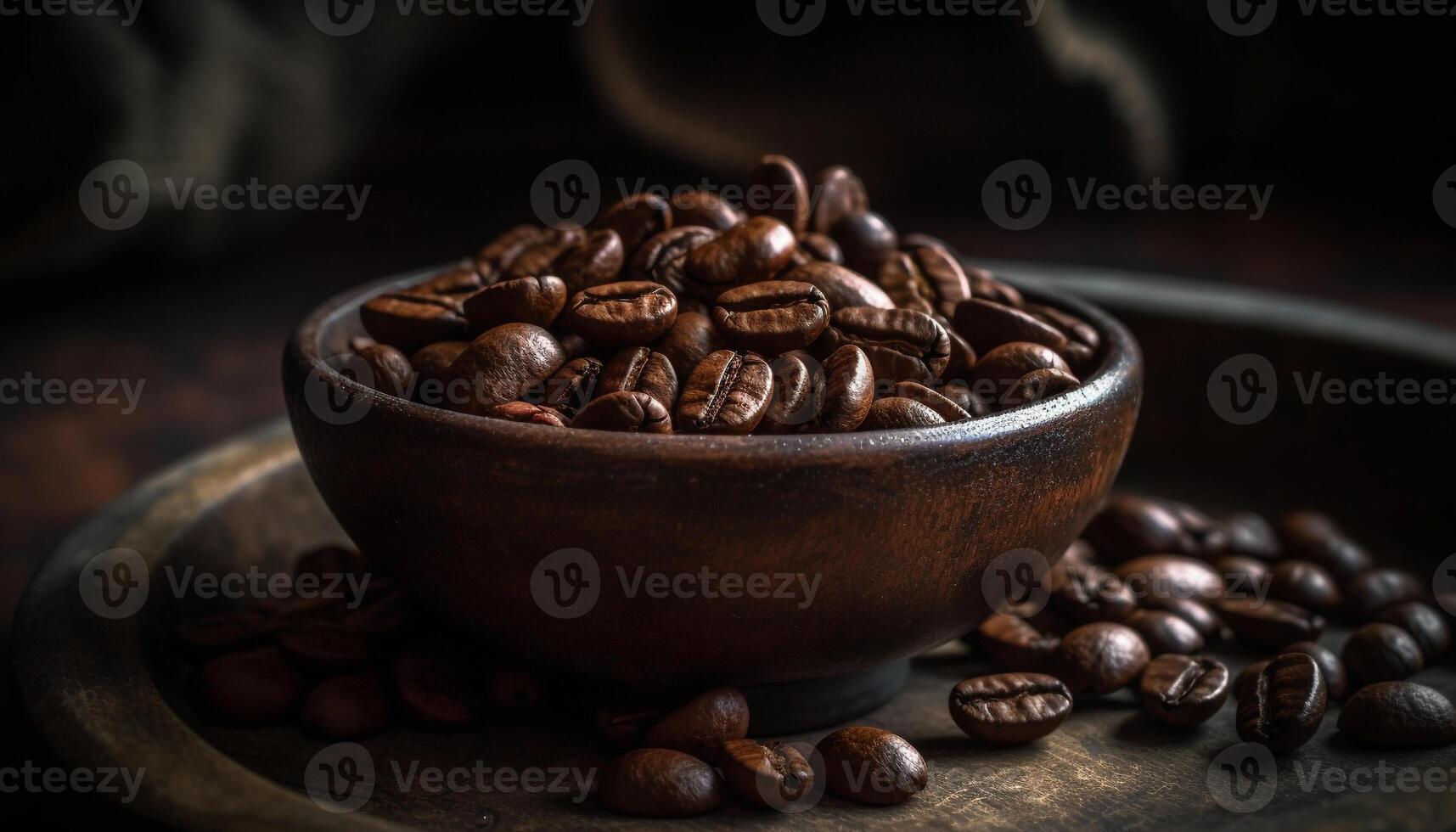 Freshly ground coffee beans on a wooden table, close up and aromatic generated by AI photo