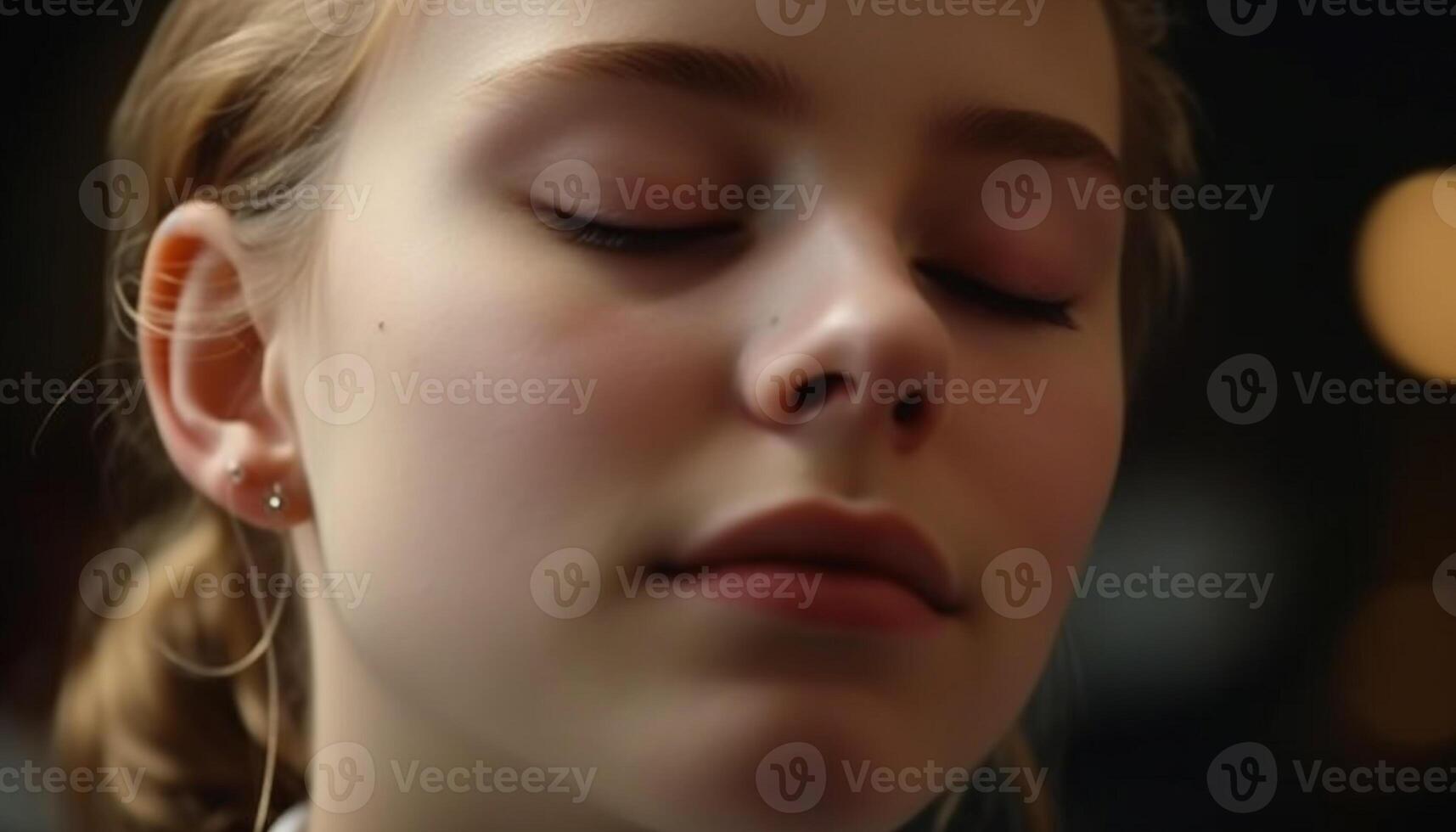 One beautiful woman with closed eyes, enjoying the serene outdoors generated by AI photo