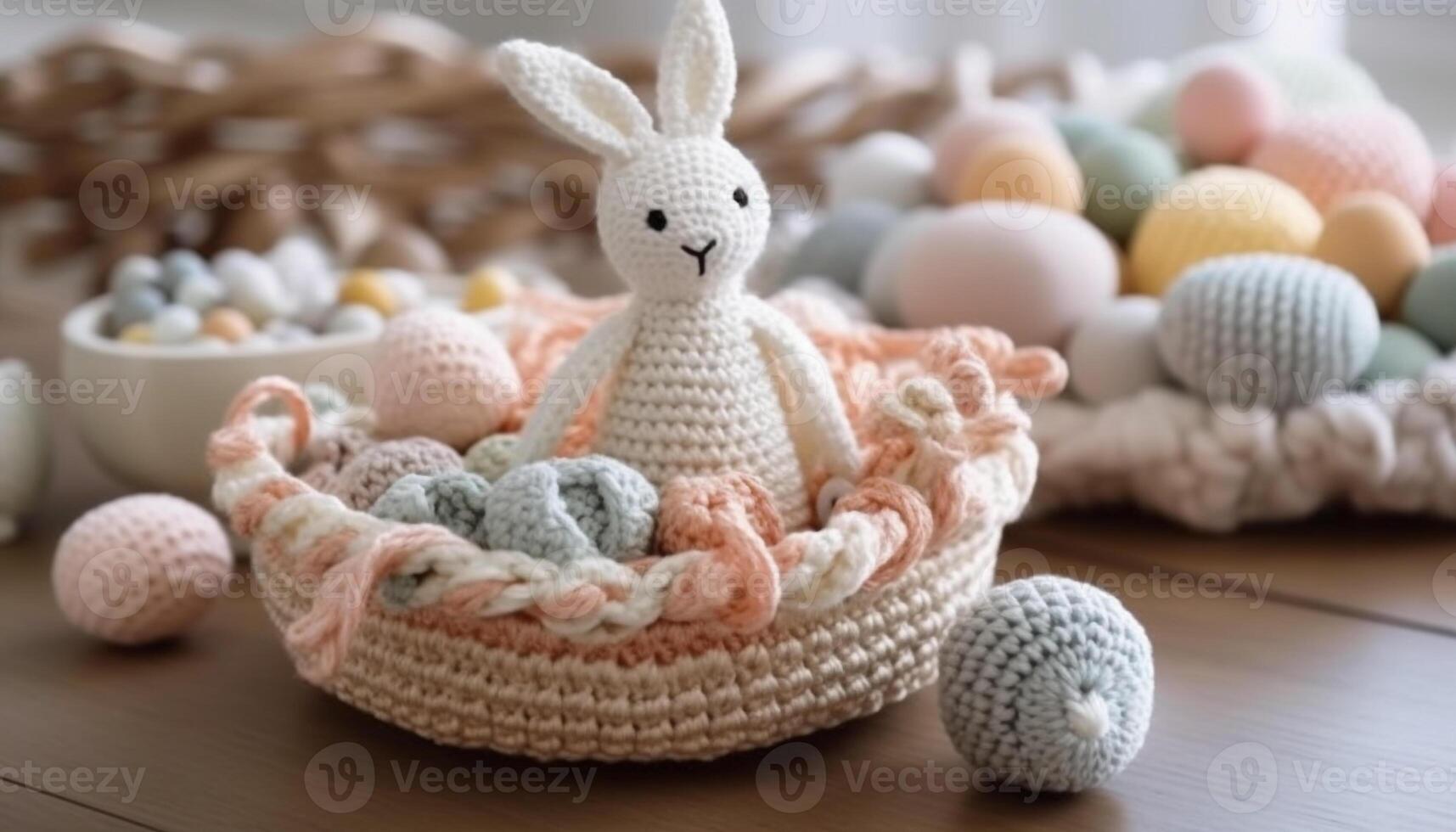 Crafting a cute woolen rabbit toy for a baby celebration generated by AI photo