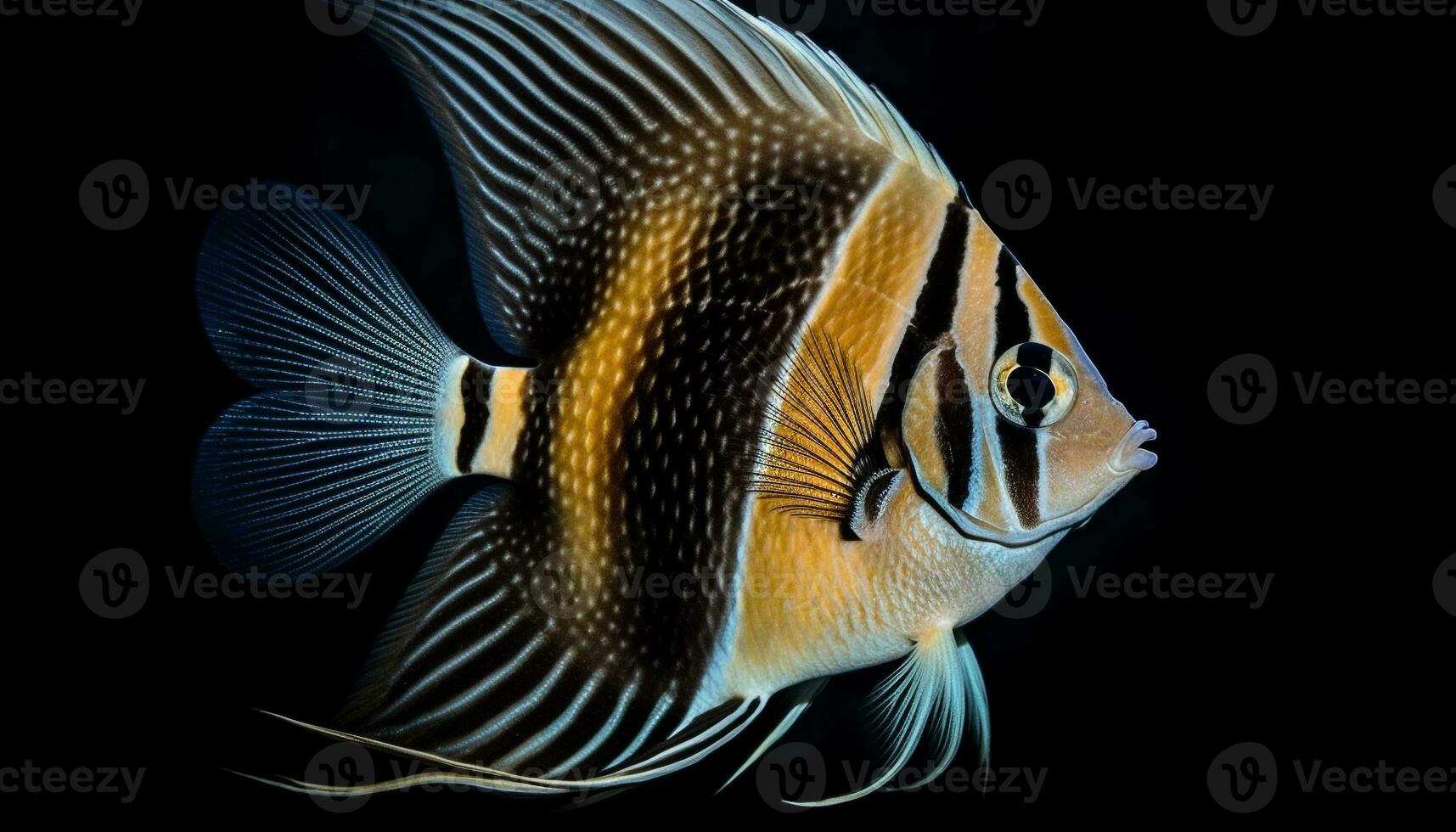 A striped clown fish swimming in the colorful underwater reef generated by AI photo