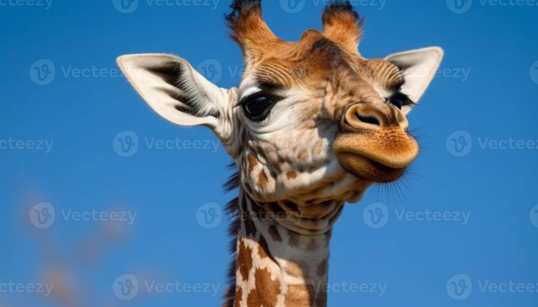 Giraffe in nature, close up portrait, looking at camera, cute generated by AI photo