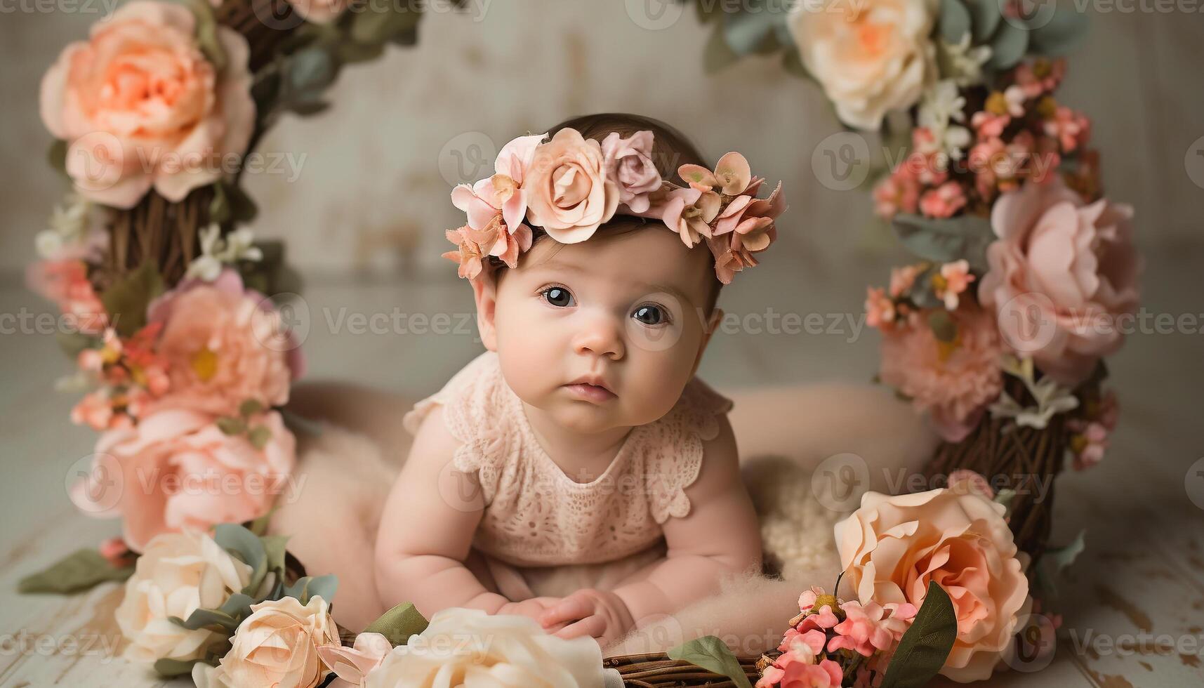 Cute baby girl with flower, portrait of cheerful smiling happiness generated by AI photo