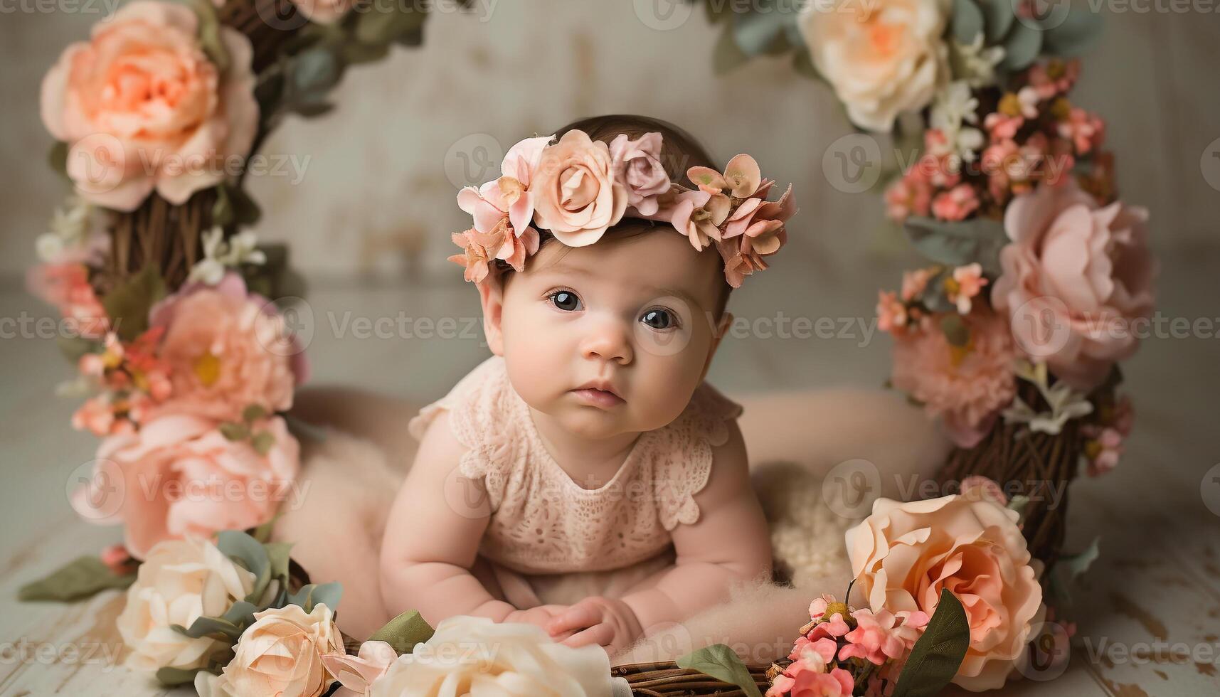 linda bebé niña con flor, retrato de alegre sonriente felicidad generado por ai foto