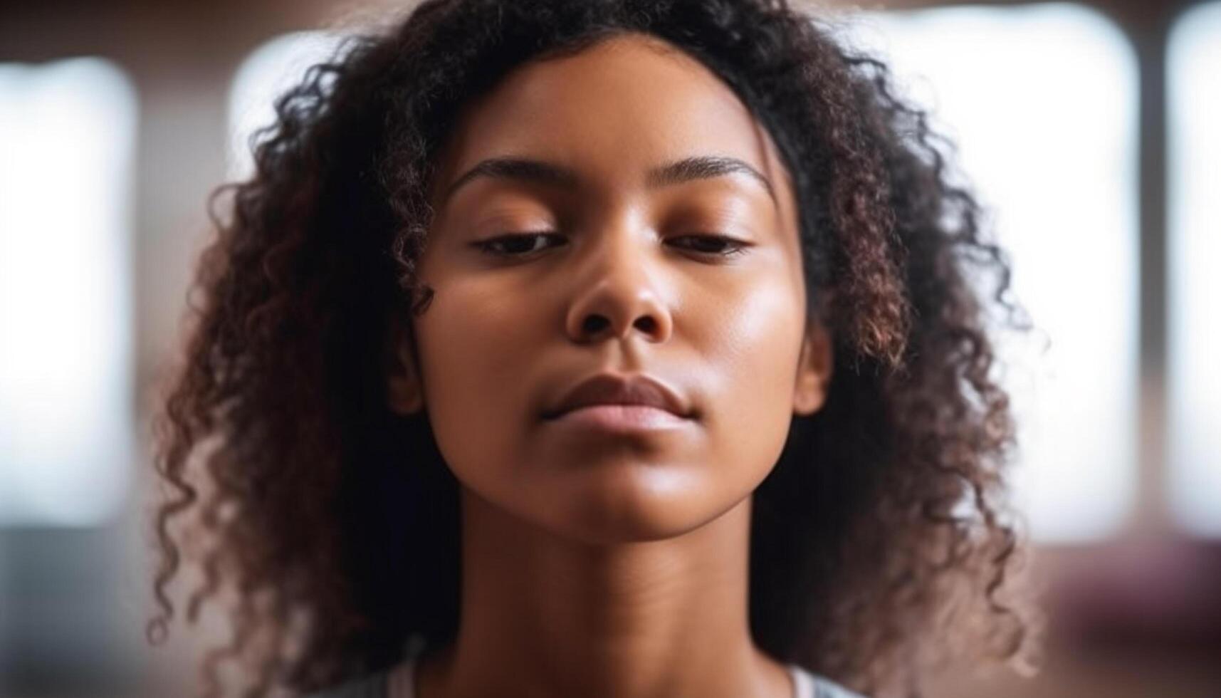A confident young woman with curly hair, indoors, looking at camera generated by AI photo