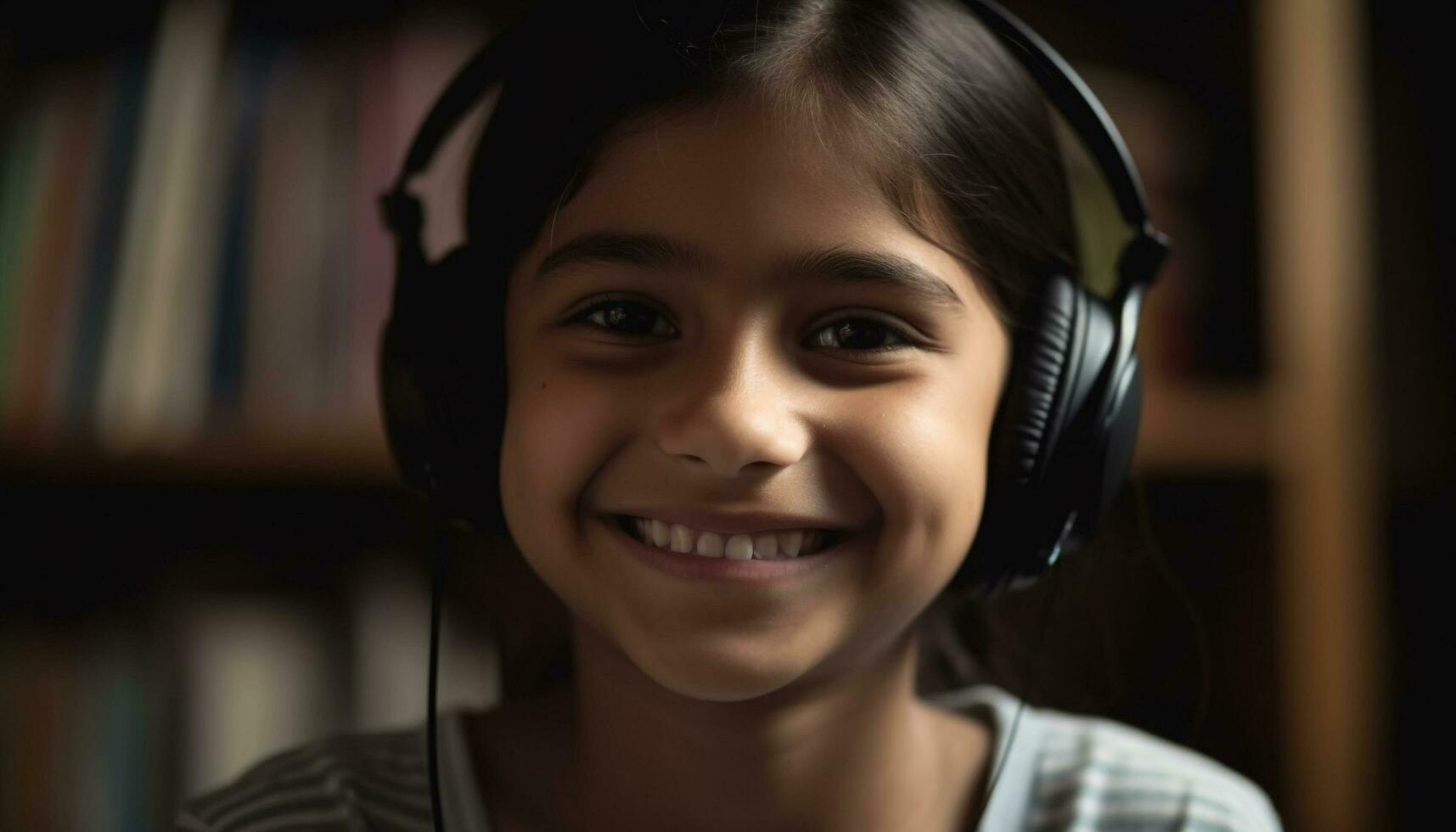 Smiling child listening, looking at camera, cute portrait of happiness generated by AI photo