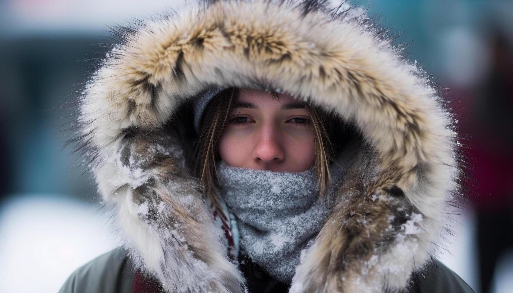 sonriente joven mujer en piel Saco disfruta invierno congelado belleza generado por ai foto