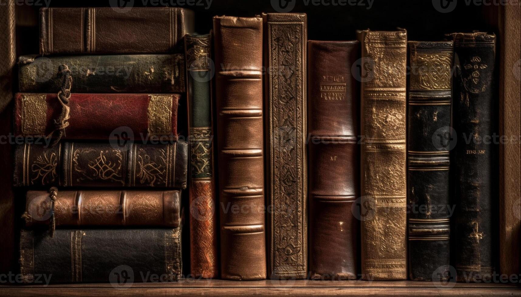 Old library collection, antique books in a row, wisdom on paper generated by AI photo