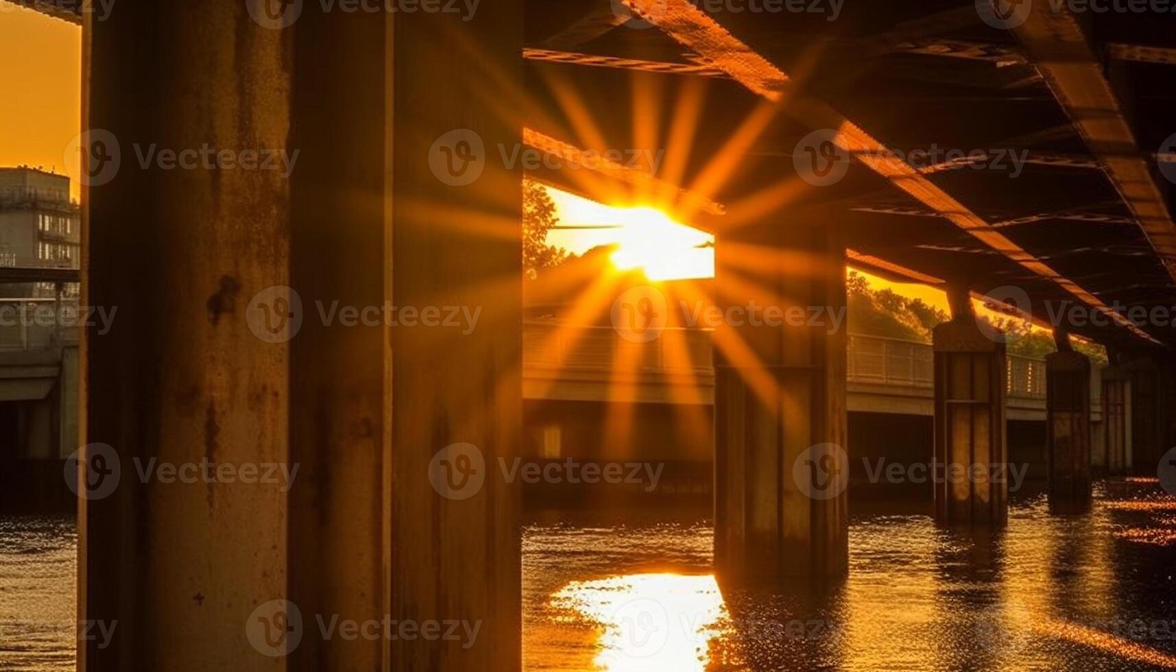 Sunset over a modern city, reflecting on the tranquil water generated by AI photo