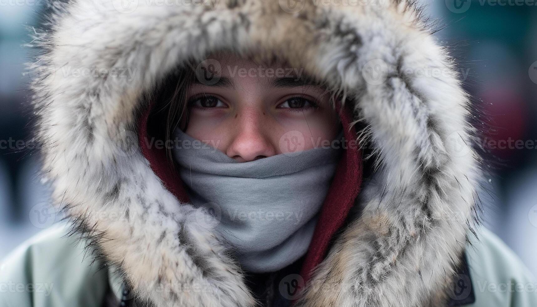 A young adult outdoors, wearing warm clothing, smiling at camera generated by AI photo